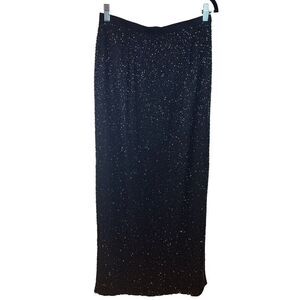 Vintage Cache Y2K 100% Silk Black Beaded Sparkly Maxi Skirt Slit Sz 10 Deadstock